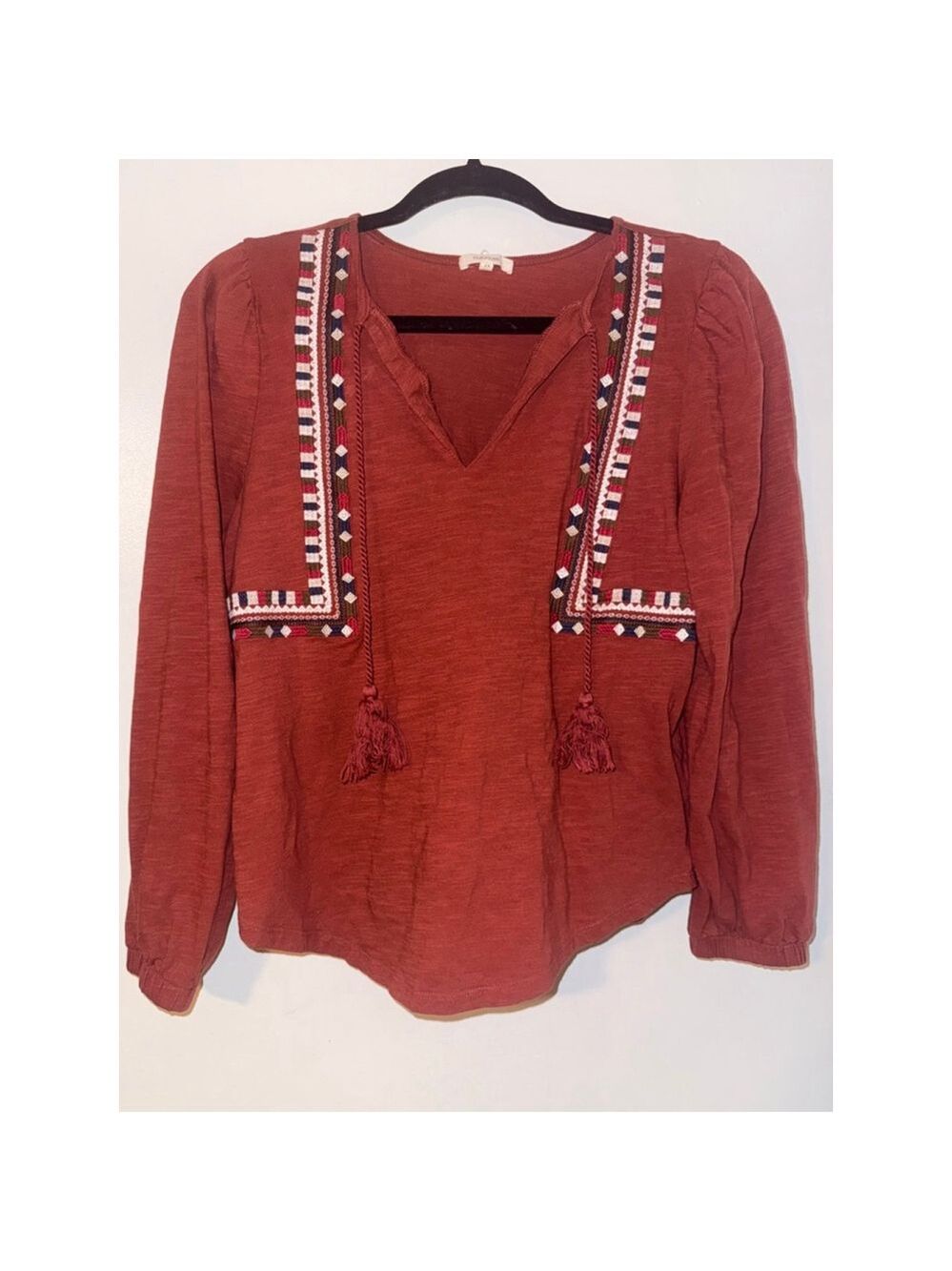 Maurice’s Red rust Aztec embroidered shirt size medium tassels 100% cotton